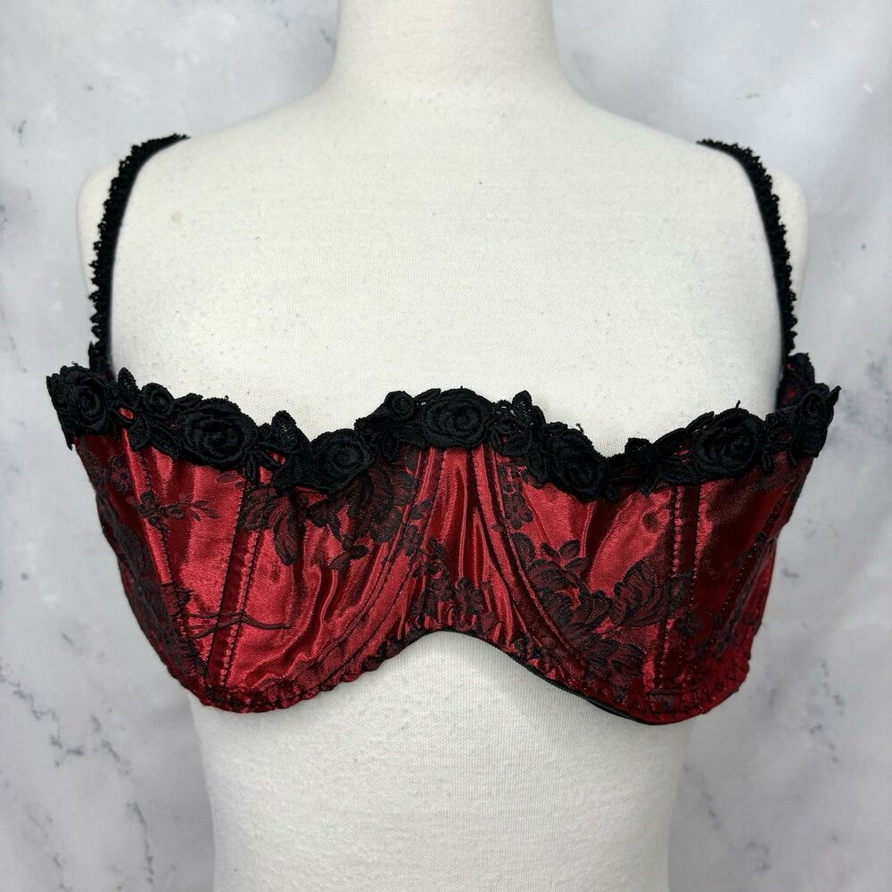 Vintage Intimate attitude Red Satin Bra 38C Barcade Vamp 80s Lingerie Gothic vtg - Picture 4 of 14